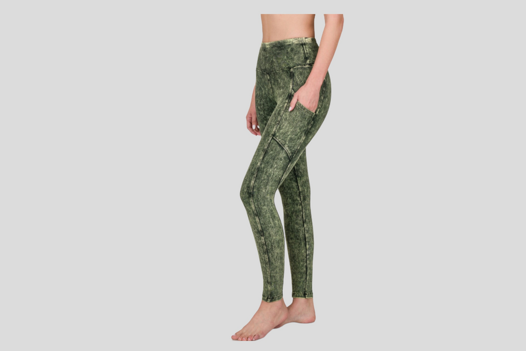 ZENANA MINERAL WASH WIDE WAISTBAND FULL LENGTH LEGGINGS