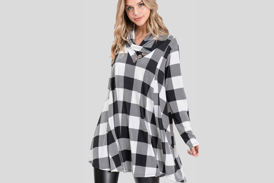 Cowl Neck Plaid Tunic Top With Button