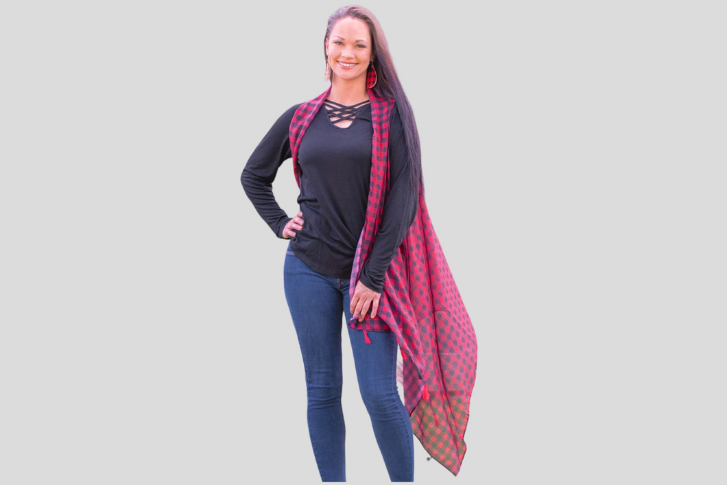 ALL SEASON LONG BUFFALO PLAID COVER UP WITH TASSELS