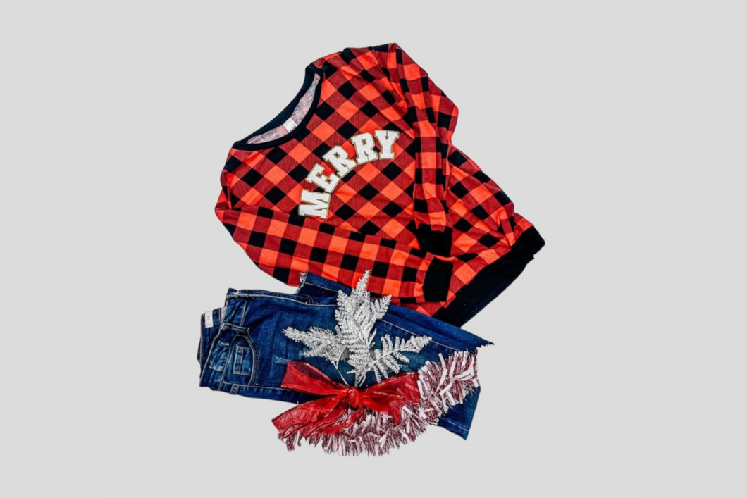 MERRY ON PLAID WITH ME LONG SLEEVES T-SHIRT, BUFFALO PLAID