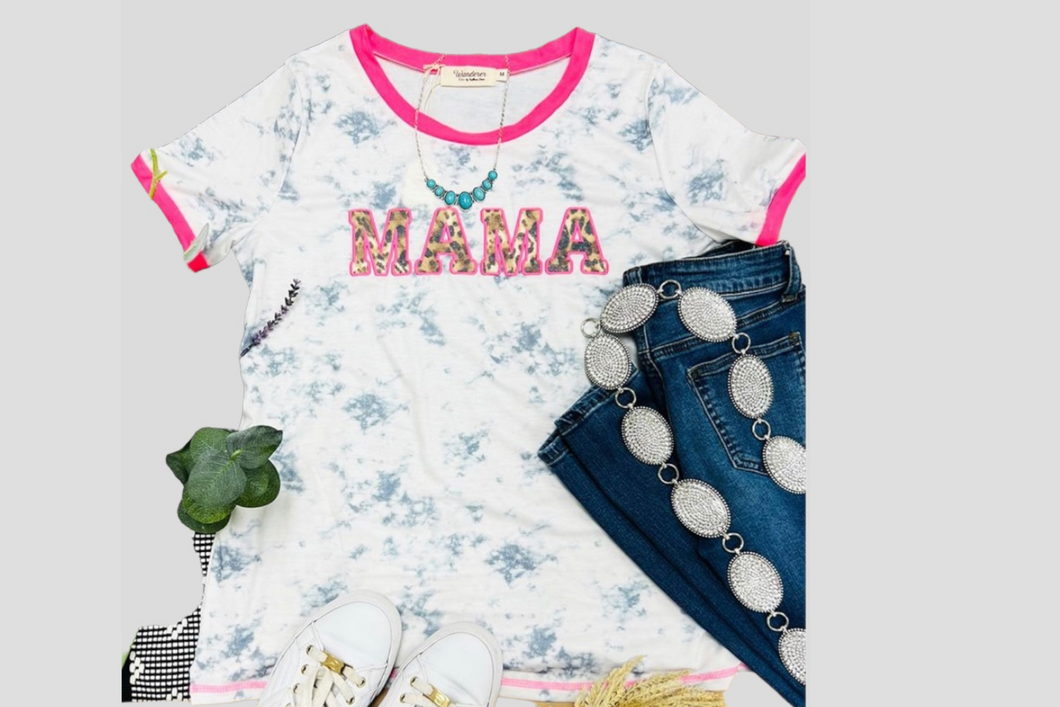 LEOPARD MAMA PATCH ON MARBLE RINGER TEE