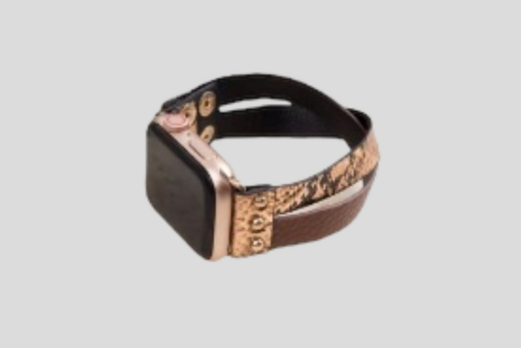 DON'T CROSS ME 38/42 LEATHER SMART WATCH BAND, BROWN AND ROSE GOLD SNAKESKIN