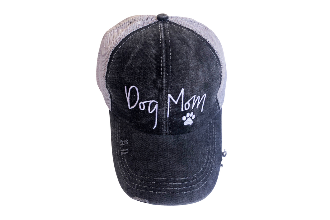 Dog Mom Embroidered Distressed Ponytail Baseball Cap