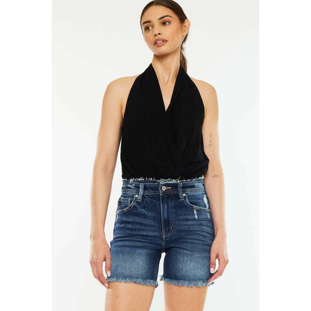 KanCan High Rise Dark Shorts with Waistband Fray Detail - krisglamcloset