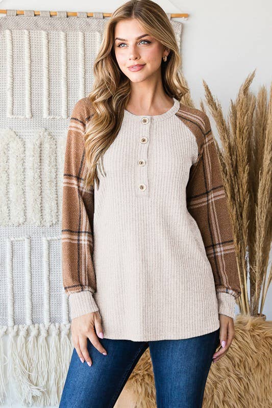 SOLID WAFFLE AND PLAID TOP BUTTON AND STITCH: OATMEAL