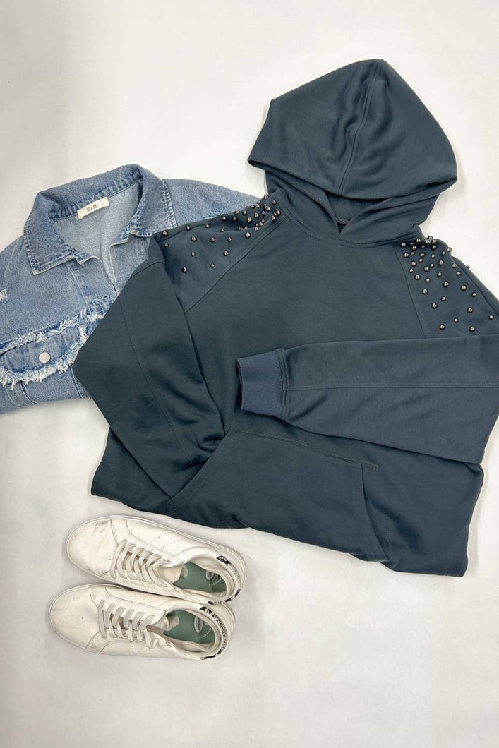 CHARCOAL STUDDED HOODIE TOP - krisglamcloset
