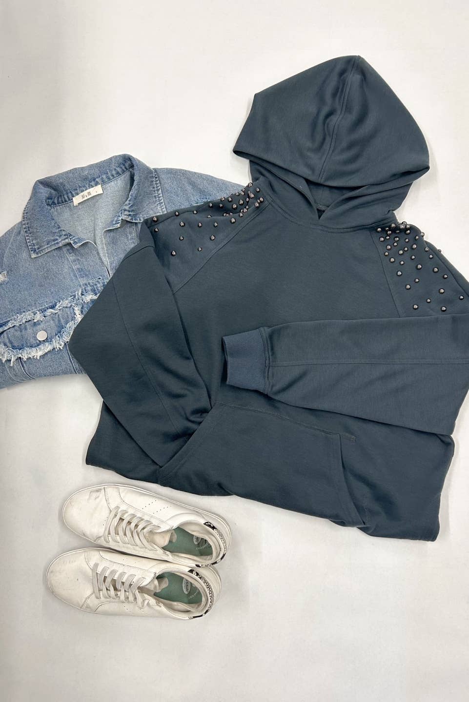 CHARCOAL STUDDED HOODIE TOP