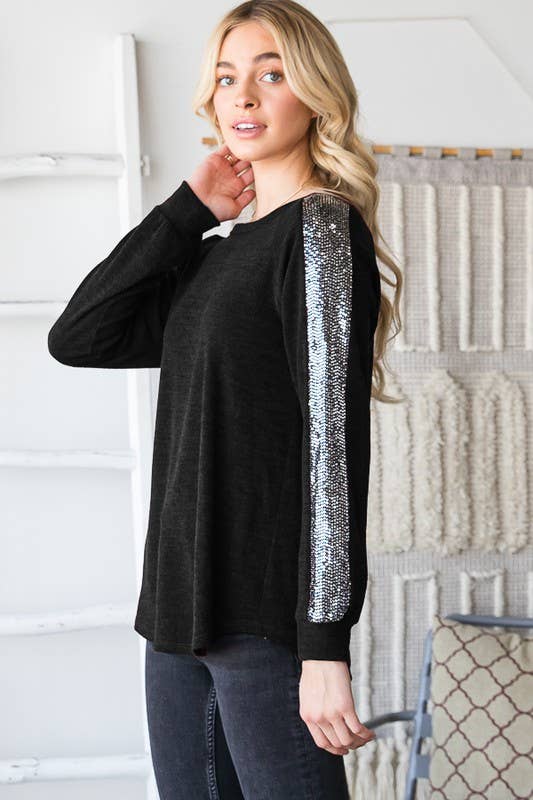 BLACK PUFF SLEEVE SOLID AND SEQUINS TOP