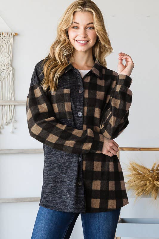 SOLID AND PLAID SHACKET WITH POCKET MOCHA/BLACK