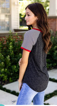 Load image into Gallery viewer, CHARCOAL BODY WITH GREY &amp; BLACK STRIPED SHORT SLEEVE AND RED RINGER
