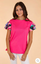 Load image into Gallery viewer, PINK TOP WITH STRIPPED RUFFLE SLEEVE
