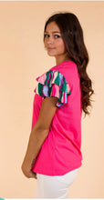 Load image into Gallery viewer, PINK TOP WITH STRIPPED RUFFLE SLEEVE
